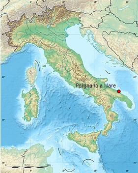 Localisation de la ville de Polignano a Mare sur la carte de l'Italie.